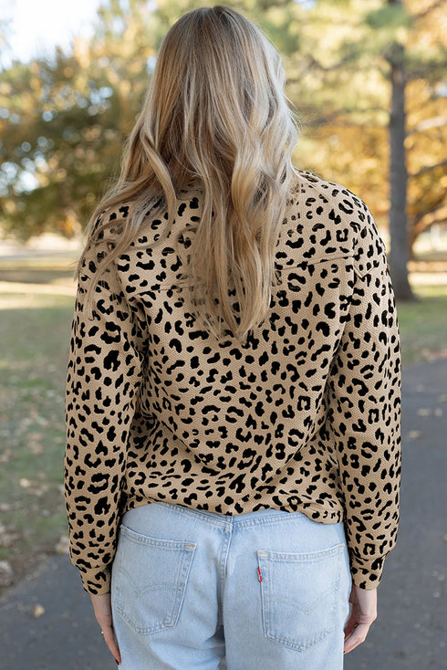 Leopard Polo Collar V Neck Pullover Long Sleeve Top